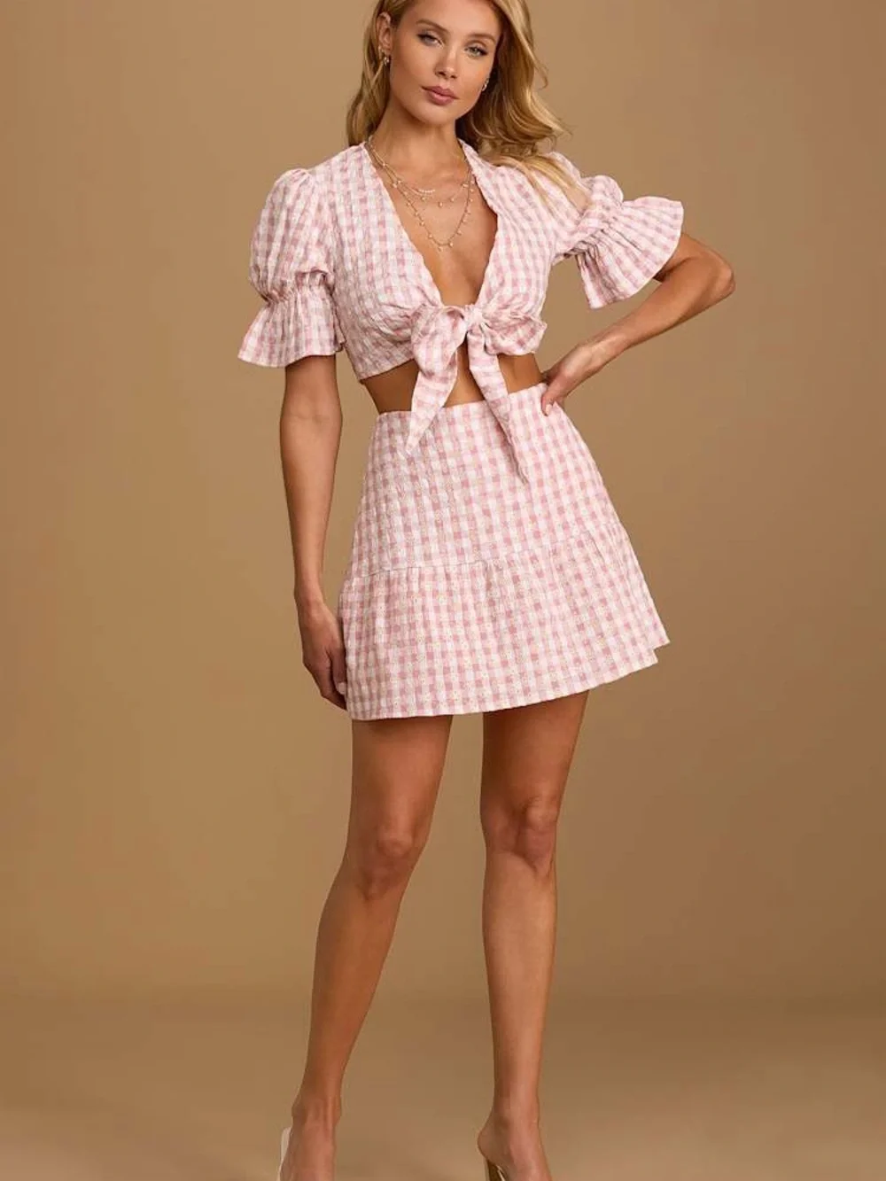 Lulus Patio Cutie Light Pink Gingham Embroidered Mini Skirt set small